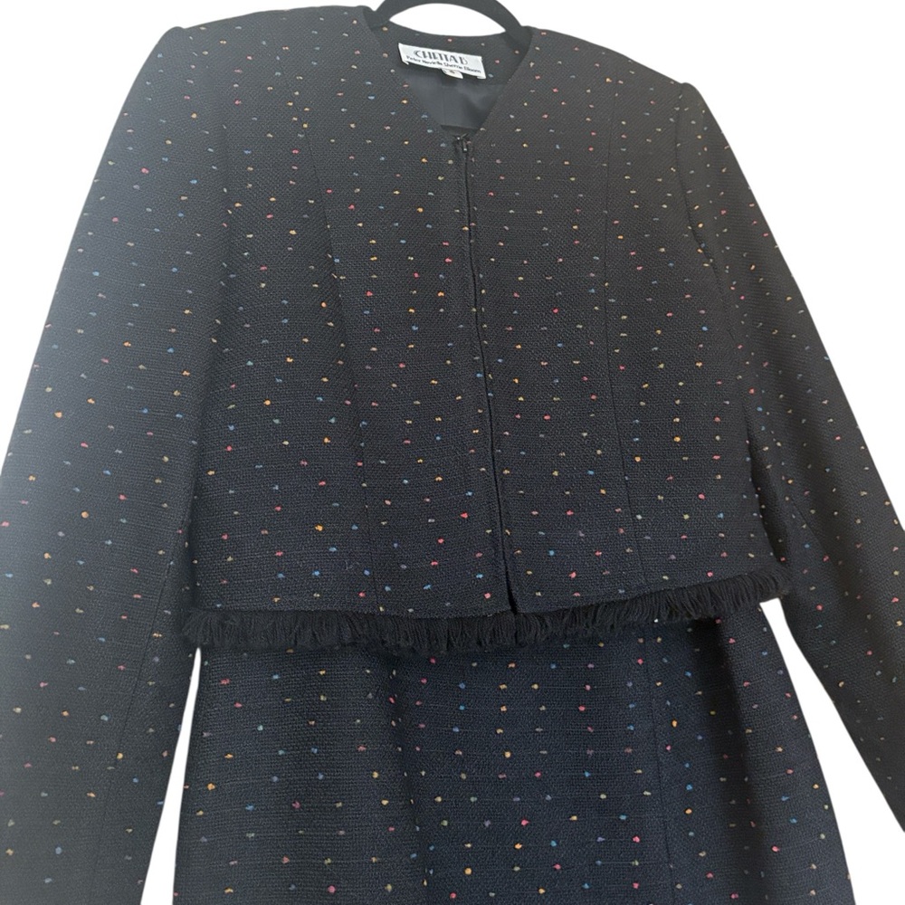 Chetta B confetti tweed vintage sheath dress & jacket, black w/colorful dots, 6